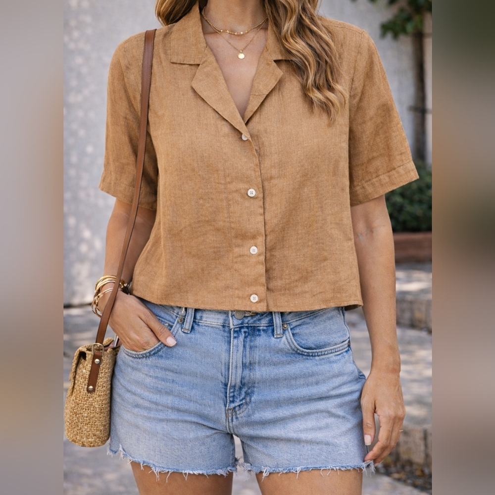 2 For 1 Quince Linen Cropped Button-Front Top – Camel | Sizes M | NWT - Picture 2 of 8